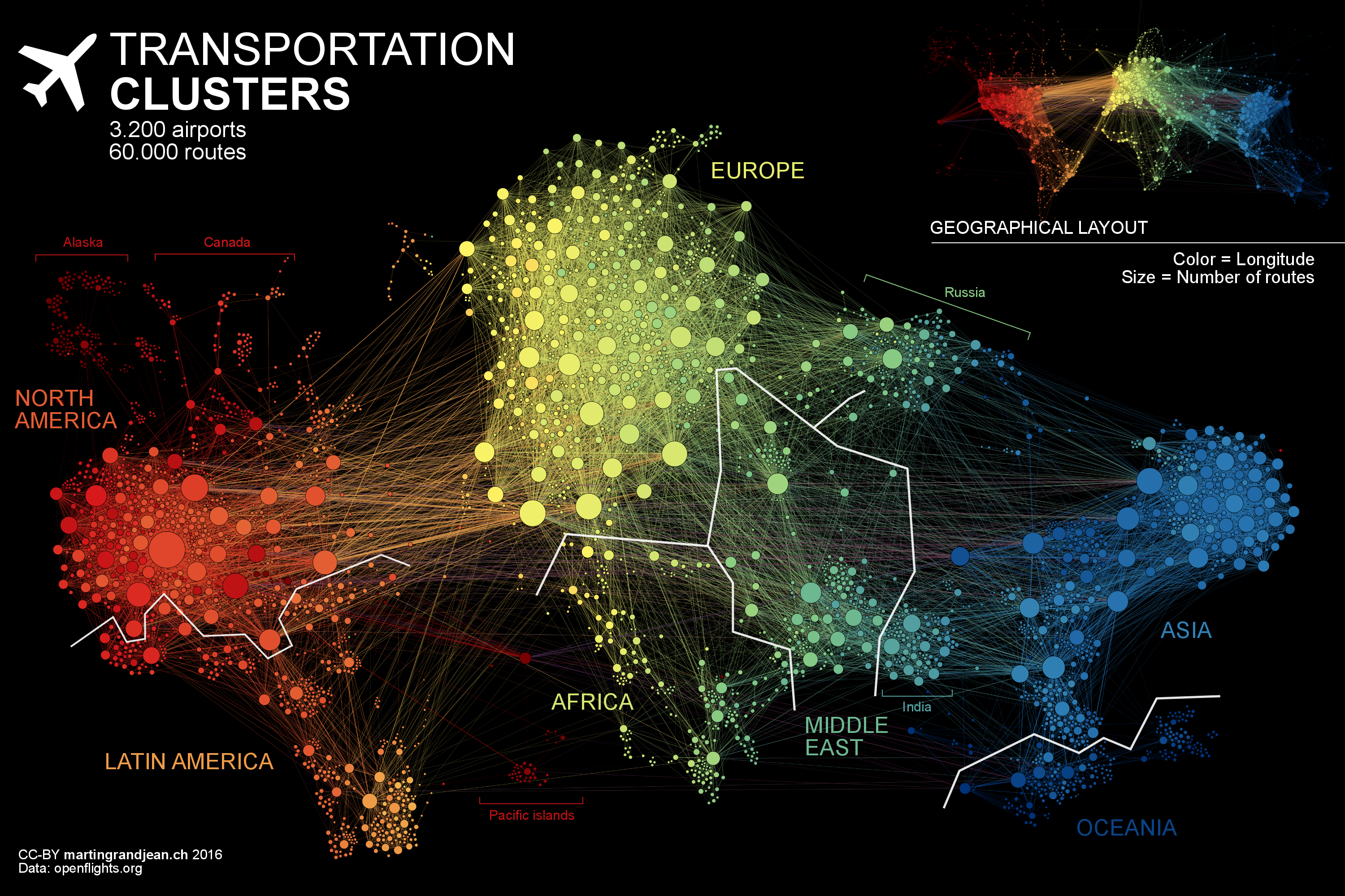 карта глобальных авиаперелетов, на которой точками отмечены аэропорты, а линиями — маршруты самолетов, дает представление о том, как и сколько летают люди