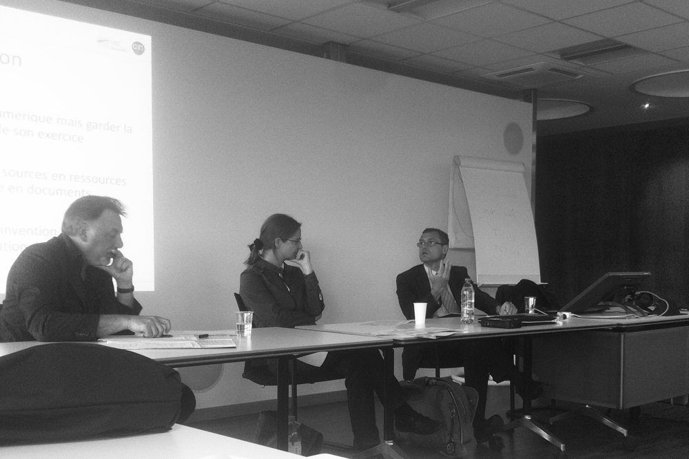 Bruno Bachimont, conférence à l'Université de Genève (à gauche, Didier Devriese, discutant)