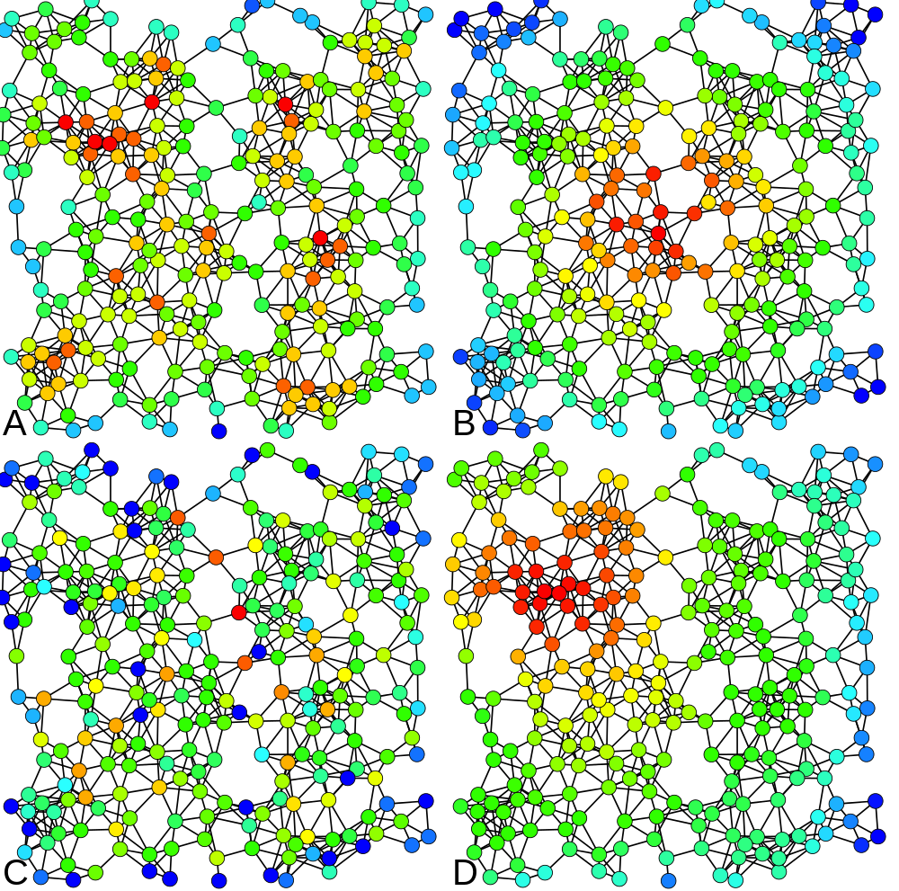 4 types of centrality measures (Claudio Rocchini, Wikimedia)