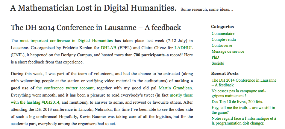 This post is a collaboration with Yannick Rochat, with which I hosted the official Twitter account of the congress, which took care of archiving and data processing. He also published a post that I recommend: The DH 2014 Conference in Lausanne - A feedback.