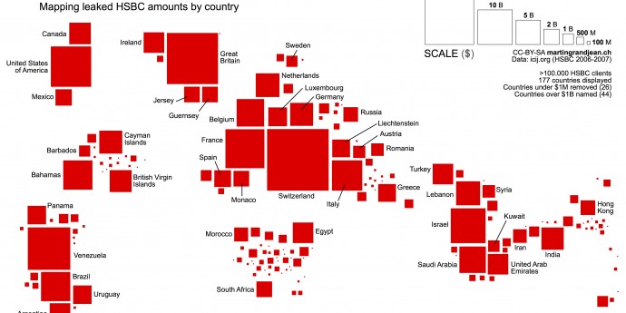 Map of the HSBC accounts amounts per country. Full size here.